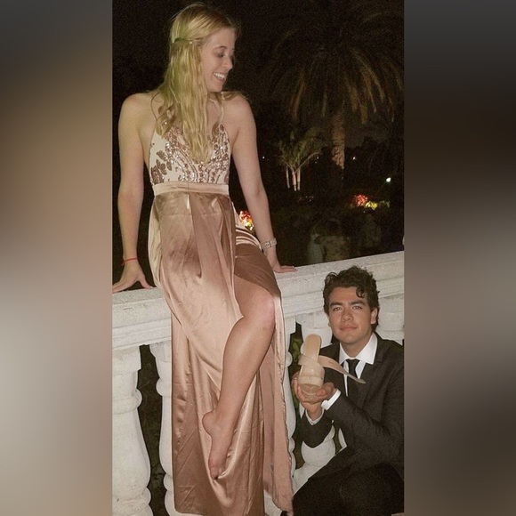 Formal Brown/Tan Floor Length Dress with Slit and sequin bodice - Picture 3 of 3